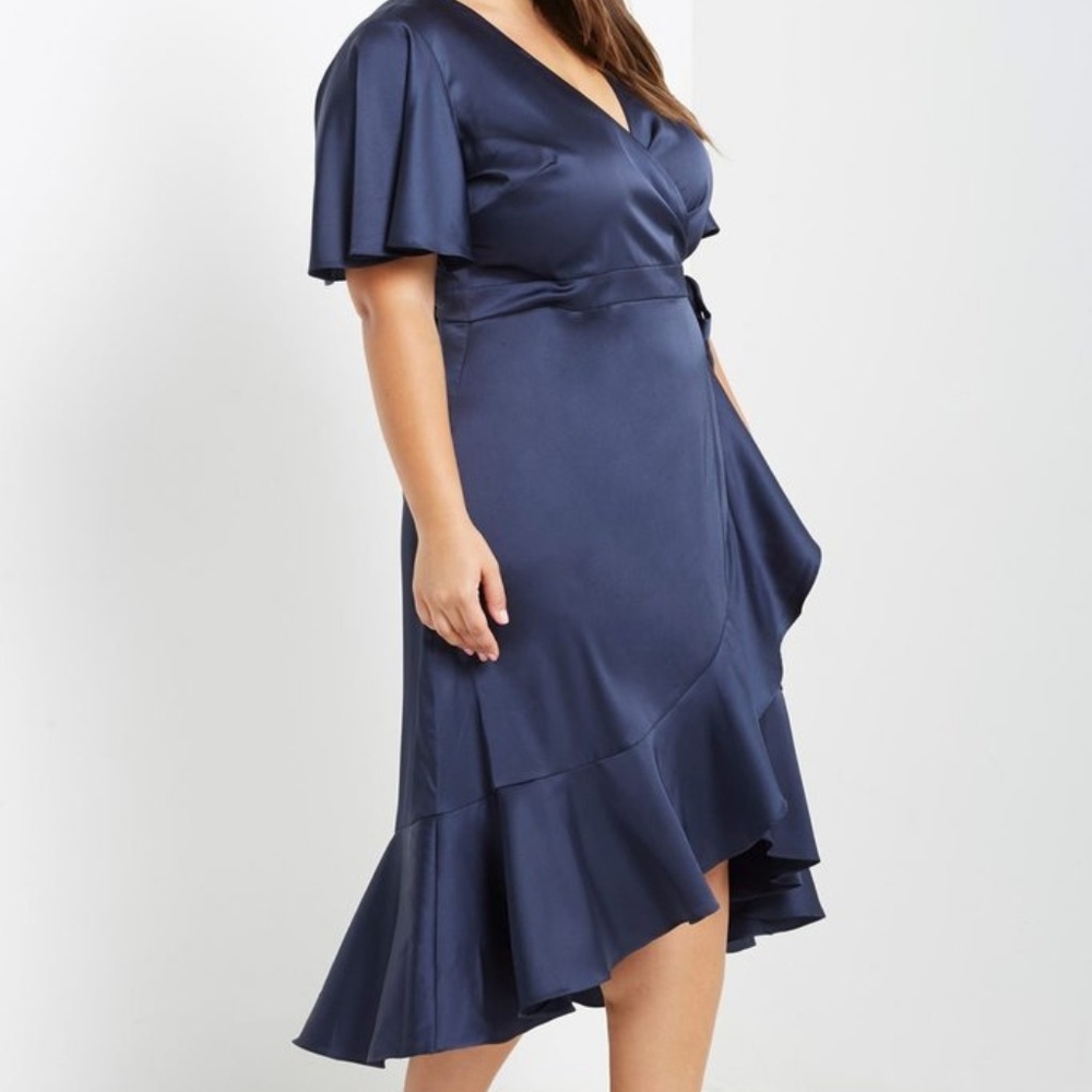 Curvy Queen Navy Satin Wrap Midi Dress